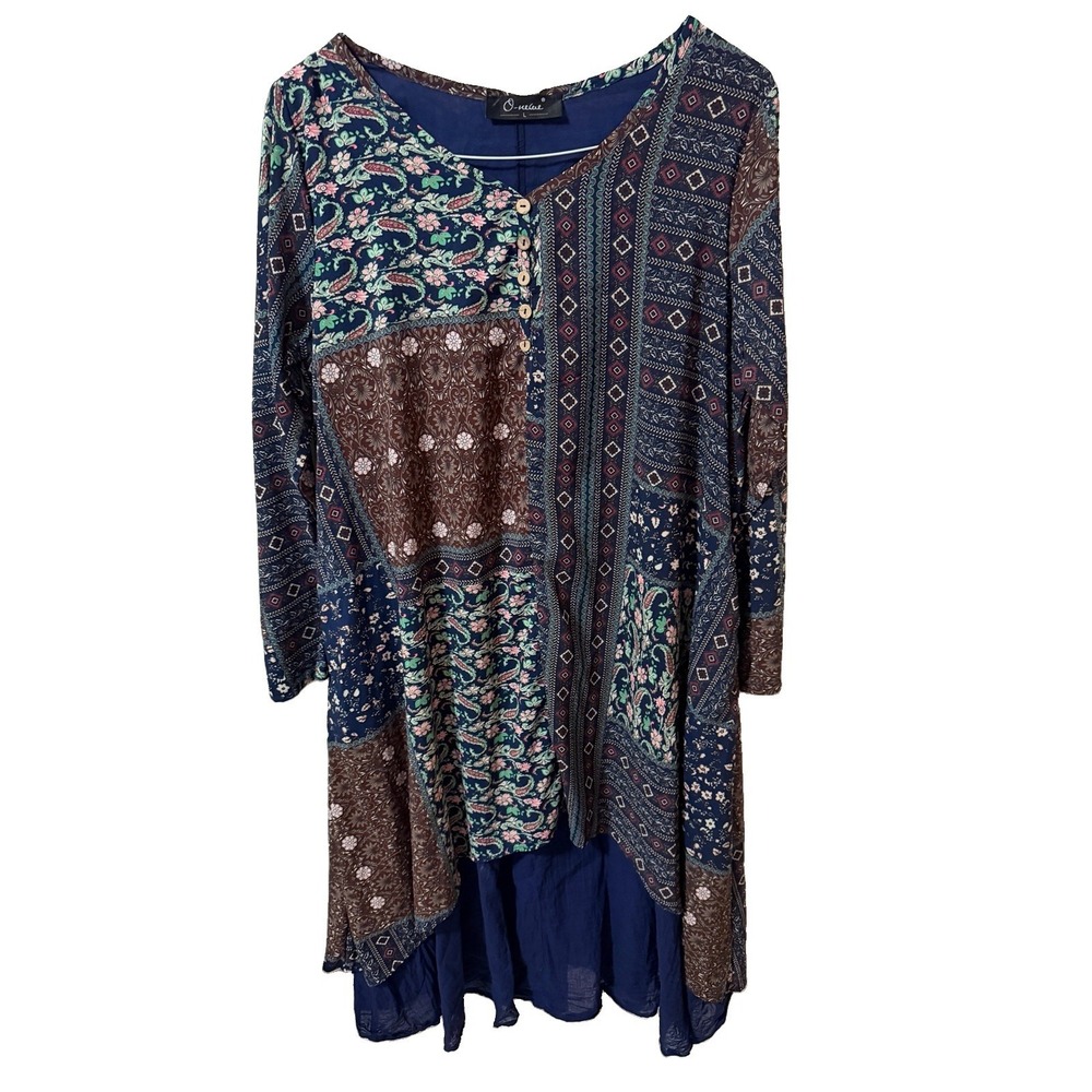 O-Selene Dress Womens Size L Multicolor Boho Patchwork Floral Paisley Long Tunic